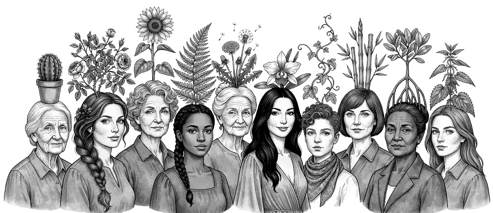 Ilustración en blanco y negro de diez mujeres de distintas edades, cada una con una planta que le crece de la cabeza: un cactus, una rosa, un girasol, un helecho, un diente de león, una orquídea, una enredadera, un bambú, un mangle y una ortiga