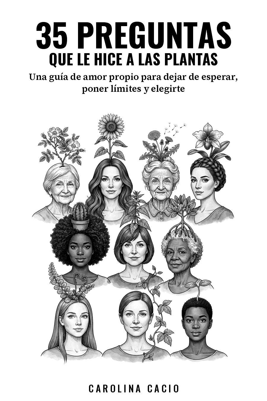 Tapa del libro 35 preguntas que le hice a las plantas, de Carolina Cacio: diez mujeres de distintas edades con plantas que les crecen de la cabeza